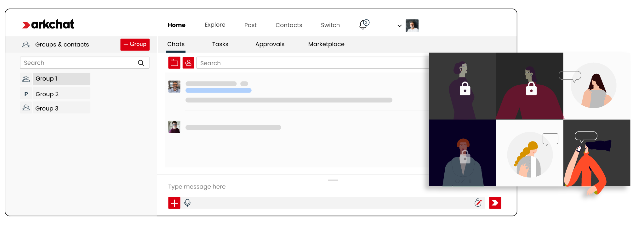 Arkchat messaging app: Professional firms can communicate privately in chat groups. Web screen