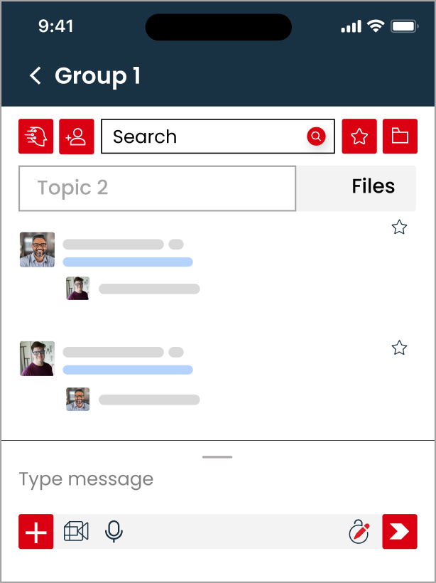 Arkchat messaging app: Professional firms can organise messages and files topic wise in groups. Mobile screen