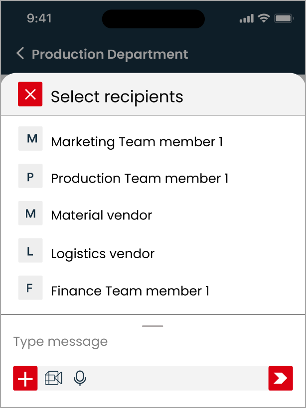 Arkchat messaging app: Manufacturers can select multiple teams in production department group